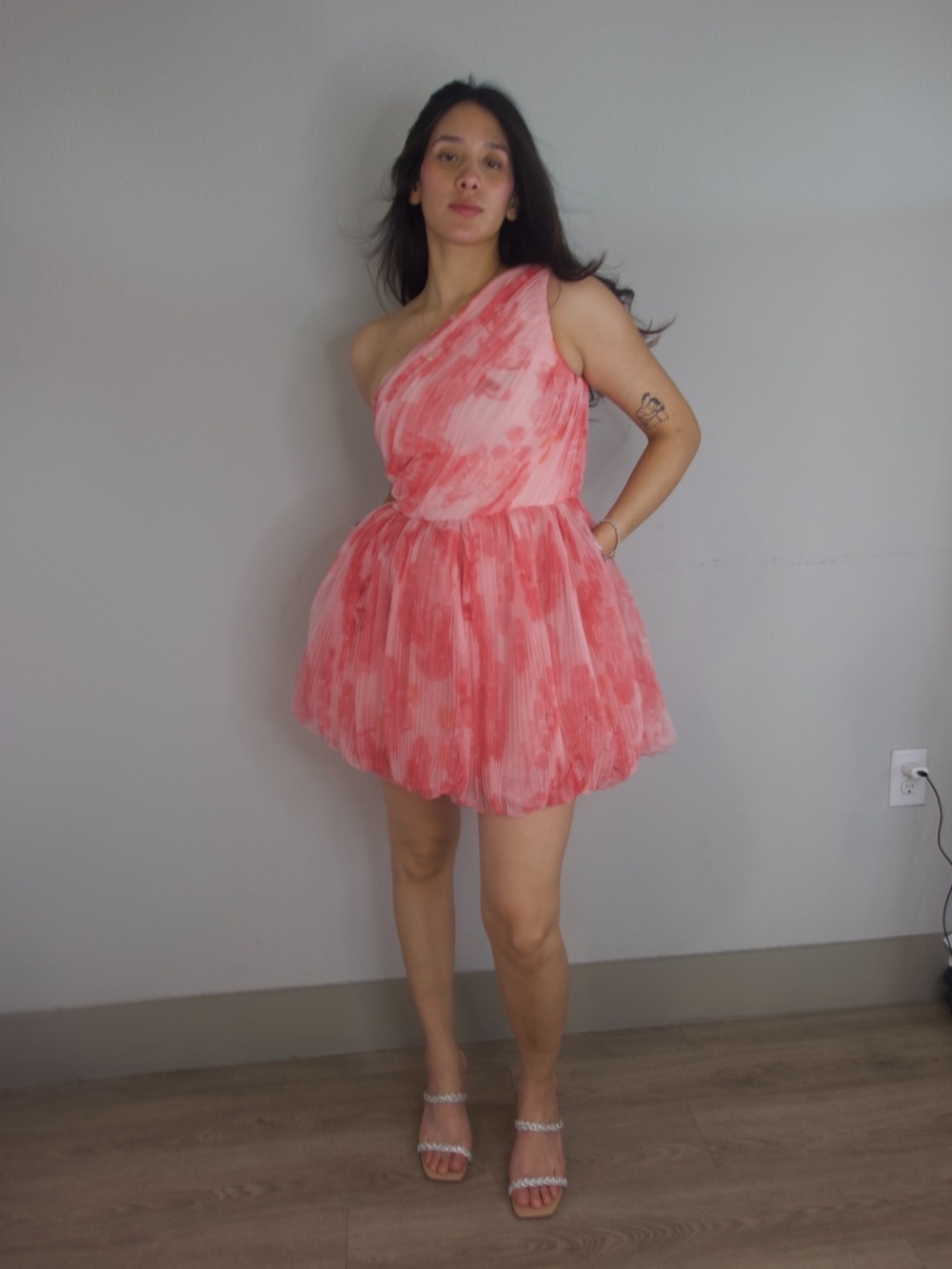 Hutch One Shoulder Pleated Bubble Mini Dress Pink Floral Size 6